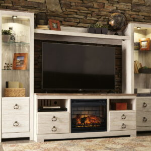 Willowton - Entertainment Center - TV Stand With Faux Firebrick Fireplace Insert - Whitewash