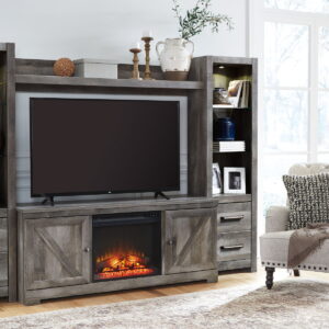 Wynnlow - Entertainment Center - TV Stand With Glass/Stone Fireplace Insert - Gray