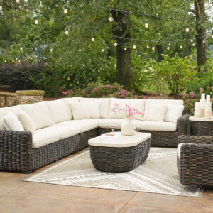 Kimora - 7 Pc. - 4-Piece Outdoor Sectional, Swivel Glider Lounge, Cocktail Table, End Table - Beige / Dark Brown