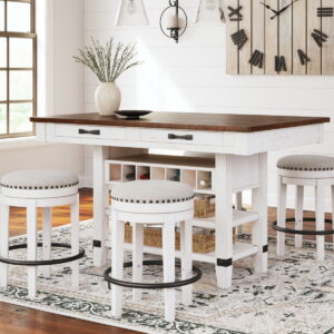 Valebeck - 5 Pc. - Counter Table With Wine Rack, 4 Swivel Stools - White / Brown
