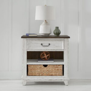 River Place - Bedside Chest With Charging Station - Riverstone White & Tobacco