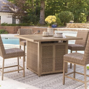 Walton Bridge - 5 Pc. - Square Bar Table W/Fire Pit, 4 Barstools - Driftwood