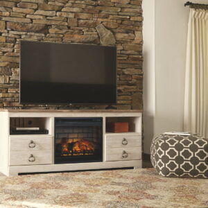 Willowton - 2 Pc. - 64" TV Stand with Faux Firebrick Fireplace Insert - Whitewash