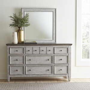 Heartland - Dresser & Mirror - Antique White / Tobacco Tops