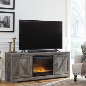 Wynnlow - 63" TV Stand With Glass/Stone Fireplace Insert - Gray