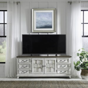 River Place - 75" Entertainment Console - Riverstone White & Tobacco