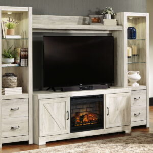 Bellaby - Entertainment Center - TV Stand With Faux Firebrick Fireplace Insert - Whitewash