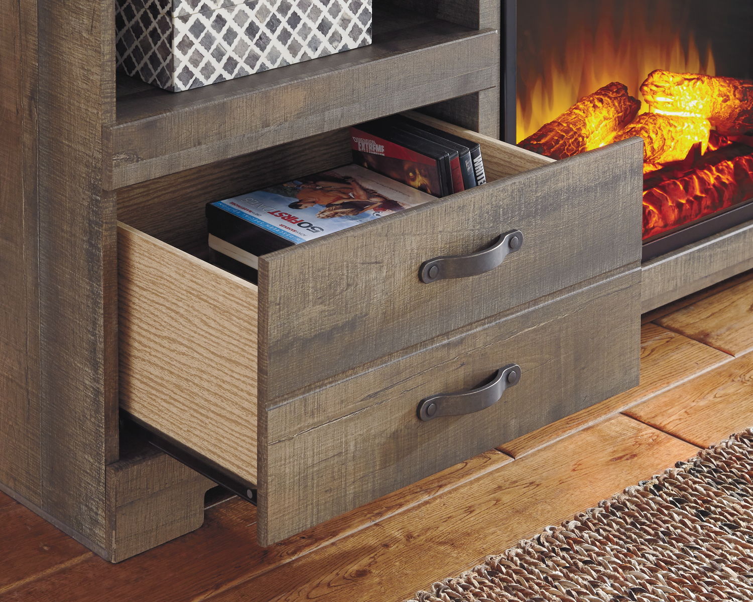 Trinell - 63" TV Stand With Glass/Stone Fireplace Insert - Brown - Image 5
