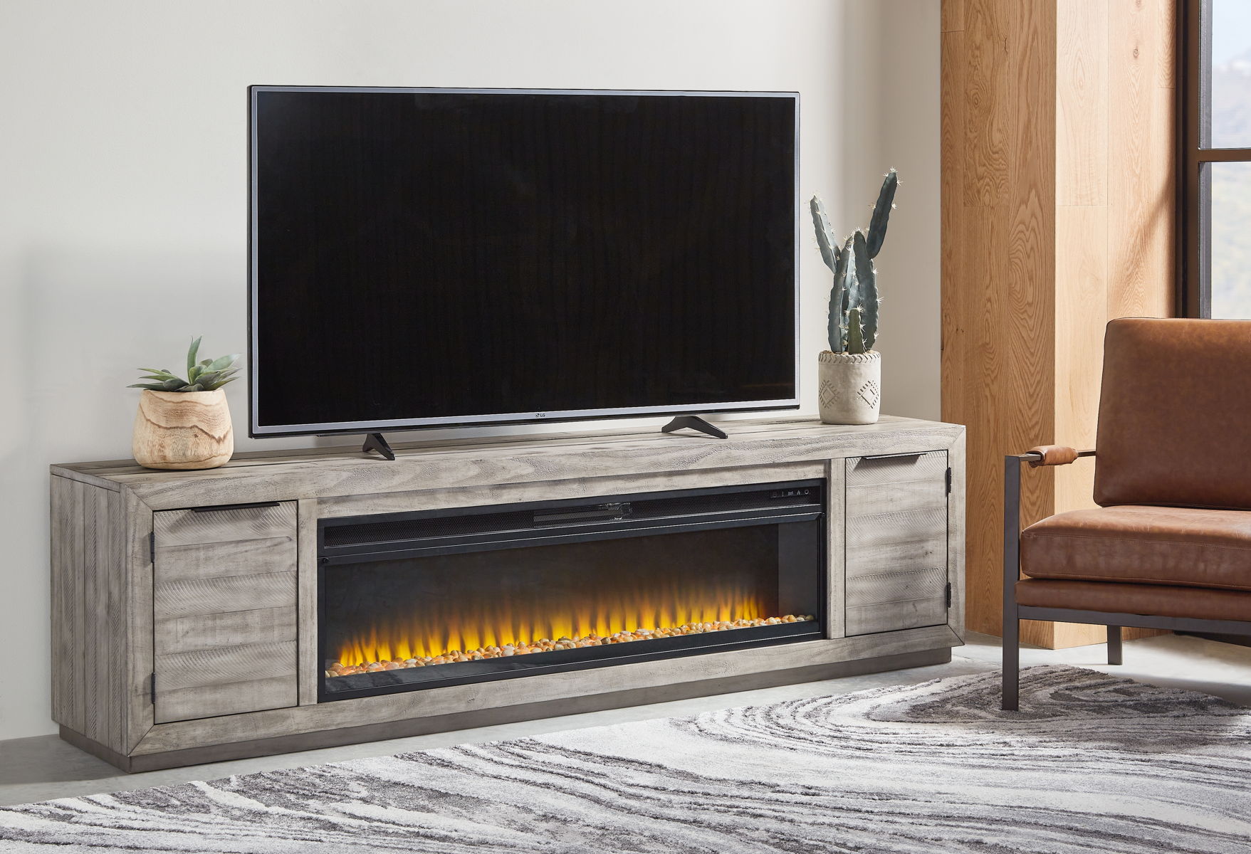 Naydell - 92" TV Stand With Wide Fireplace Insert - Gray - Image 4