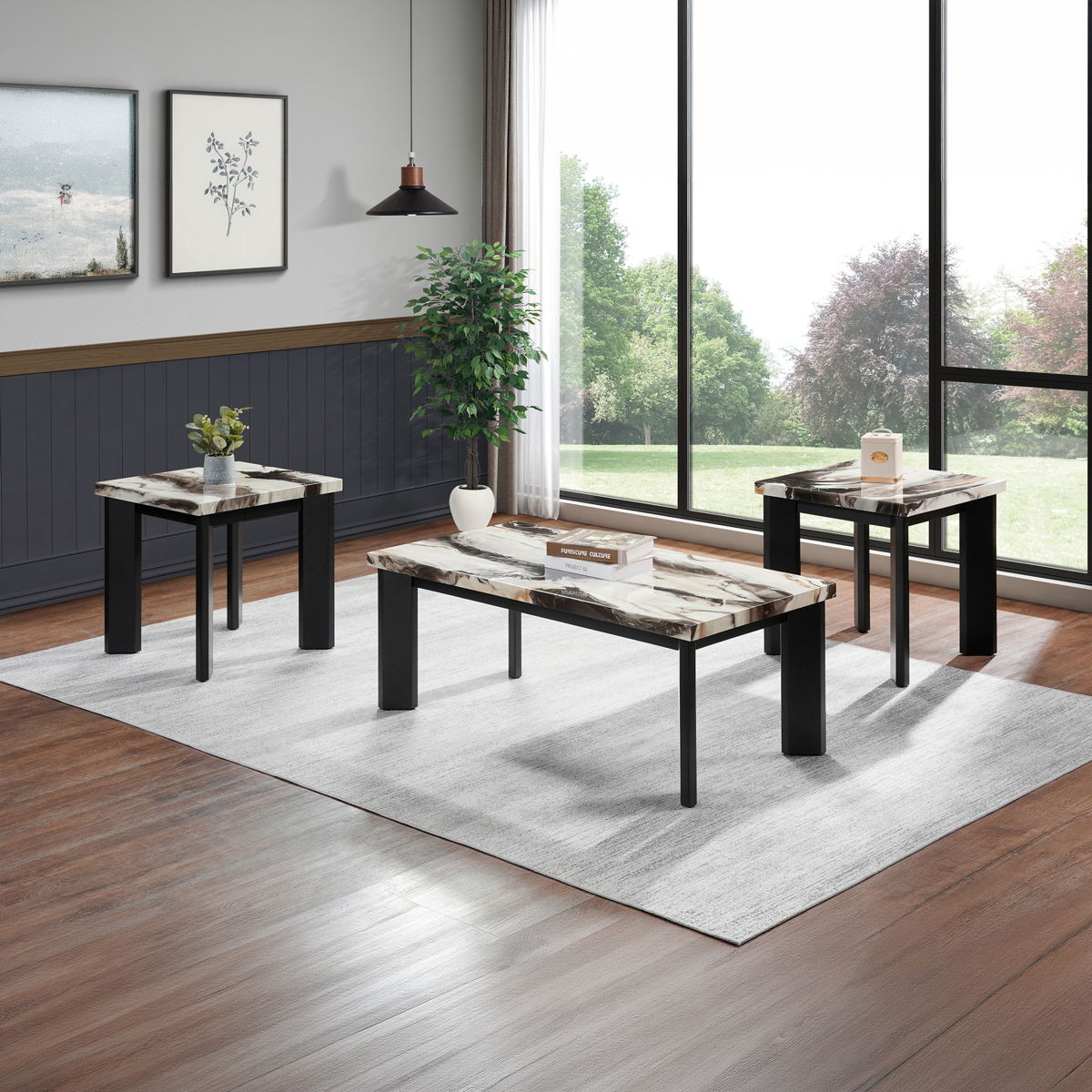 Strata - Faux Marble 3 Piece Occasional Set (1 Coffee & 2 End Tables) - Black / White - Image 4