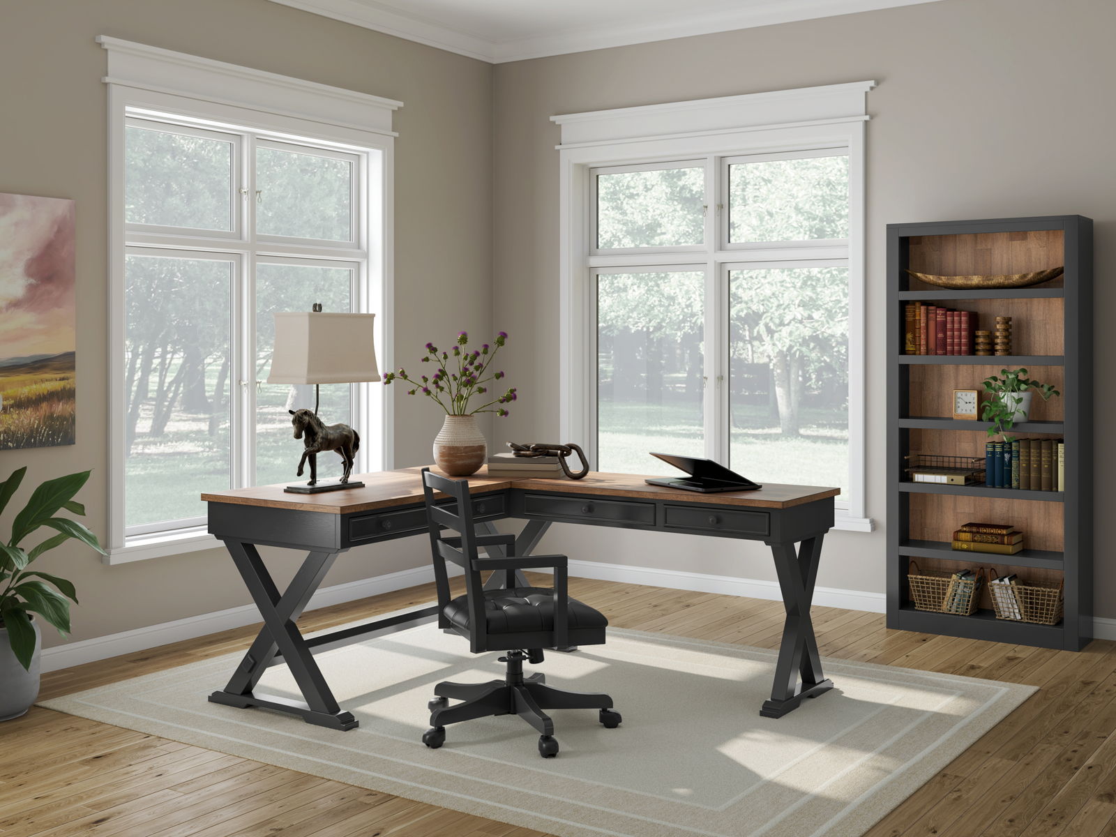 Wildenauer - 4 Pc. - Home Office Desk And Return, Swivel Desk Chair, Bookcase - Brown / Black