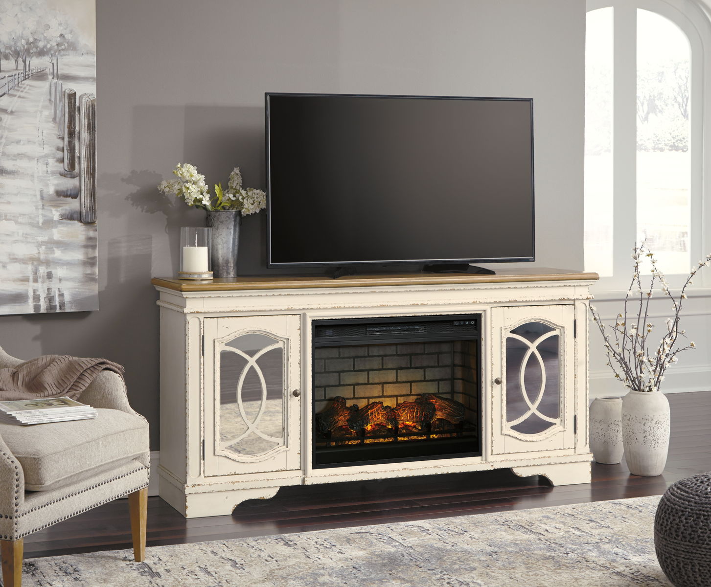 Realyn - 2 Pc. - 74" TV Stand With Electric Infrared Fireplace Insert - Chipped White - Image 4