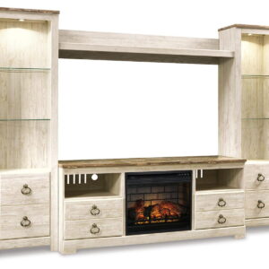 Willowton - Entertainment Center - TV Stand With Faux Firebrick Fireplace Insert - Whitewash
