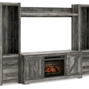 Wynnlow - Entertainment Center - TV Stand With Glass/Stone Fireplace Insert - Gray
