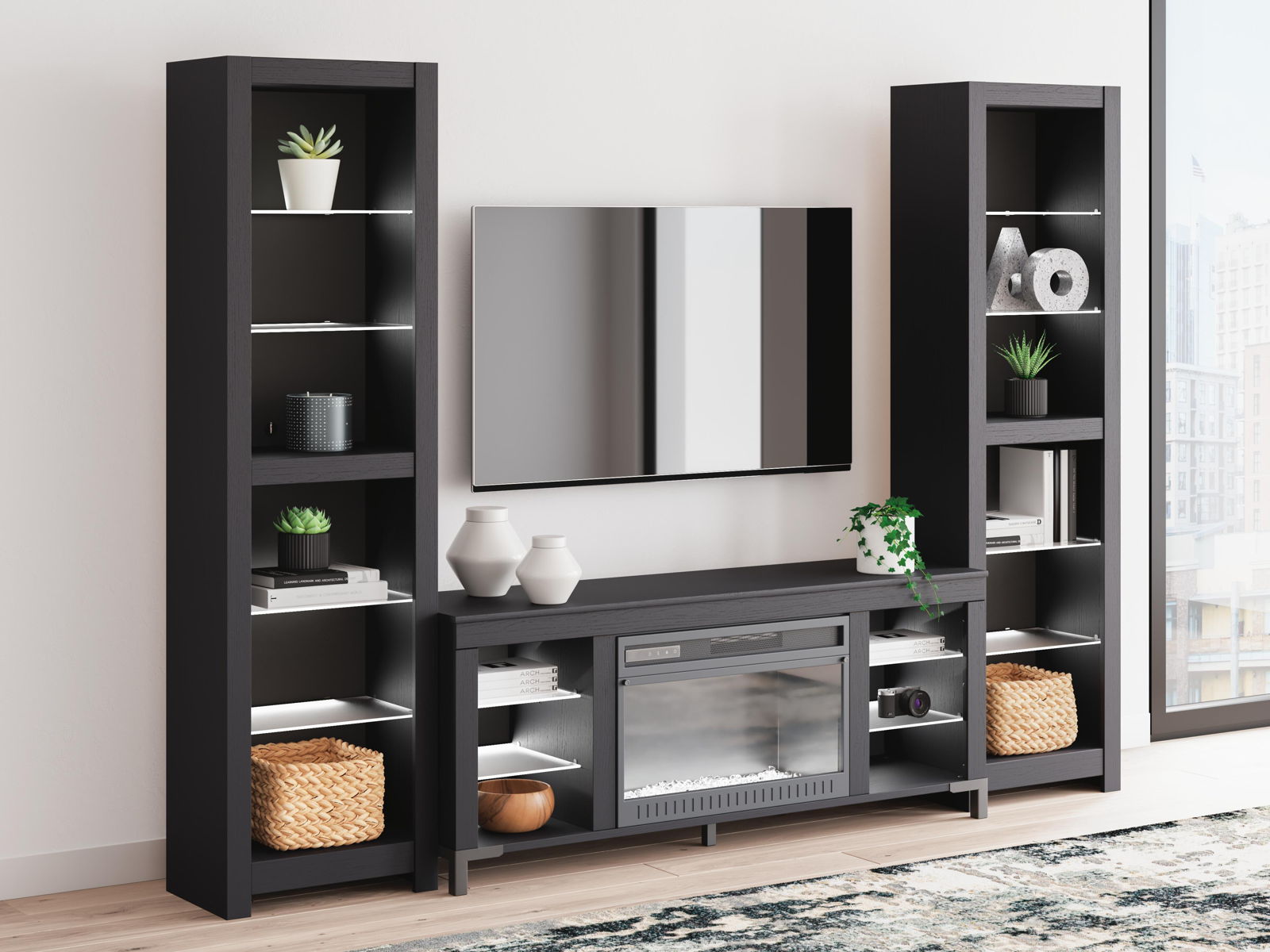 Cayberry - 3-Piece Entertainment Center With Electric Fireplace - Black - Image 4