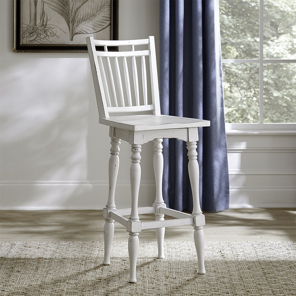 Magnolia Manor - Spindle Back Swivel Bar Stool - Antique White & Weathered Bark
