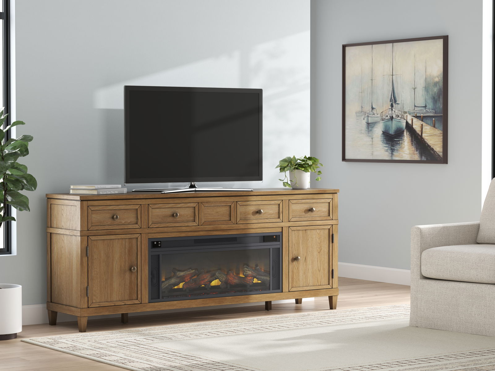 Sharlance - 81" TV Stand With Electric Infrared Fireplace Insert - Light Brown - Image 2