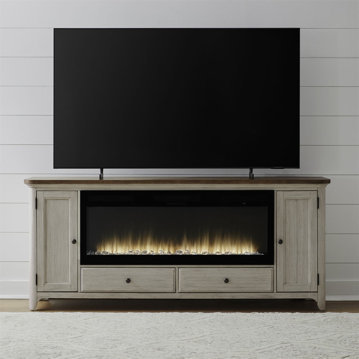 Fireplace TV Consoles - 80" Console With Fire FTS Set - Brown / White
