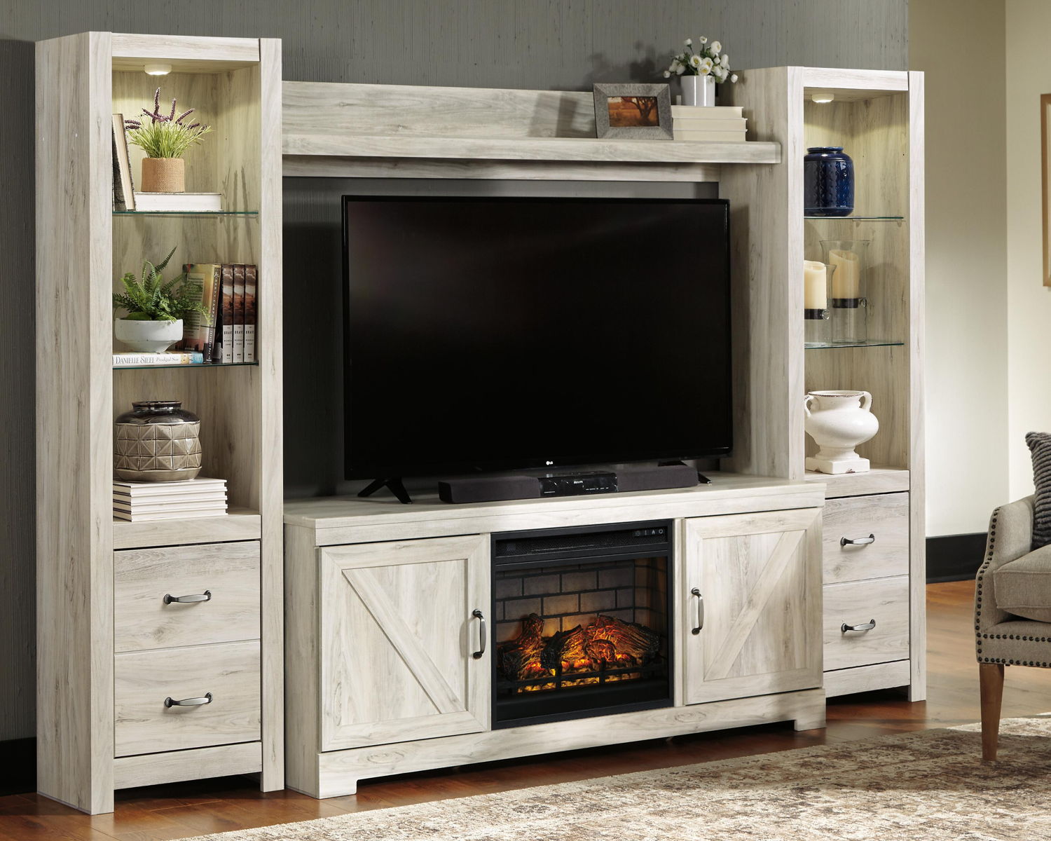 Bellaby - Entertainment Center - TV Stand With Faux Firebrick Fireplace Insert - Whitewash - Image 6