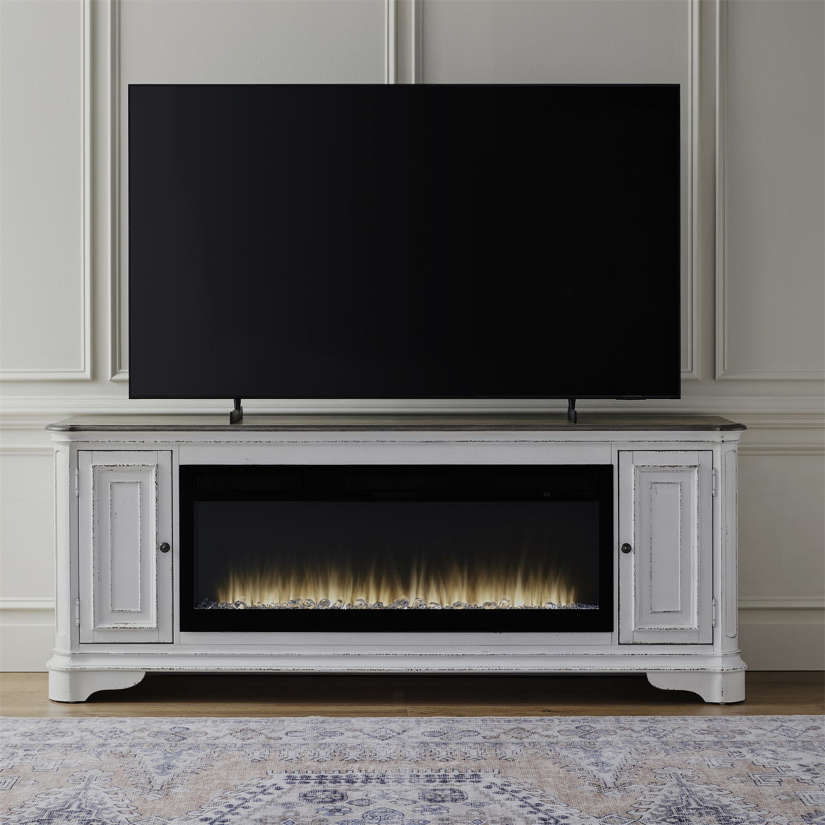 Fireplace TV Consoles - 244 82" Console With Fire FTS - White