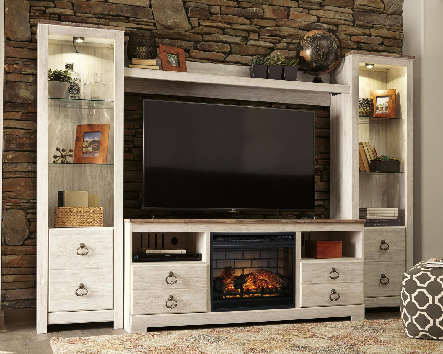 Willowton - Entertainment Center - TV Stand With Faux Firebrick Fireplace Insert - Whitewash - Image 2