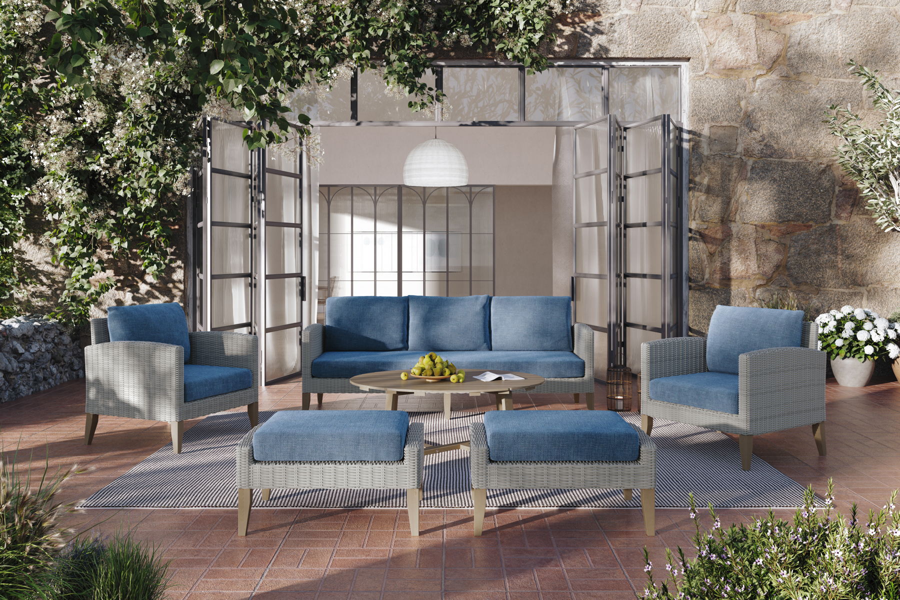Carezza - 5 Piece Set (Sofa & 2 Club Chairs & 2 Stools) - Dark Blue - Image 9